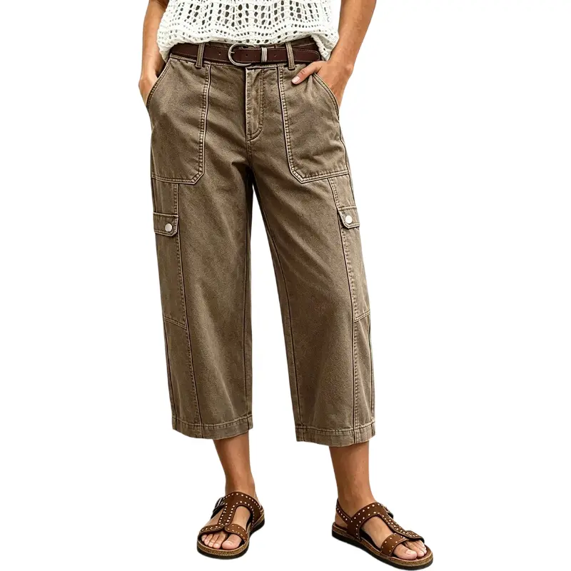 Flamingals Seam Front Flap Pocket Mid Rise Straight Leg Crop Pants Without Belt Womenswear Stretchy 23" Inseam