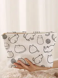 Cute Cat Print Corduroy Makeup Bag, Cartoon Style, Lightweight Multi-Functional Fashion Casual Cosmetic Pouch, Travel Organizer