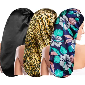 3 count Long Satin Sleep Bonnet for Hair Care, Women Hair Bonnets Silky Braids Sleeping Caps Night Cap for Curly Hair