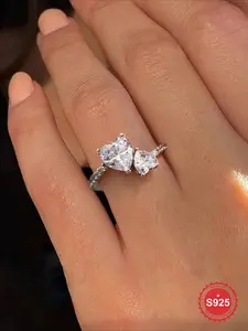 1 Pc Double Love Heart Zircon Engagement Rings, Heart shaped engagement ring, Heart Design Ring, For Women Real S925 Sterling Silver Eternal Ring Wedding Ring Ladies Jewelry Anniversary, Girlfriend, Birthday, Valentine's Day Gifts