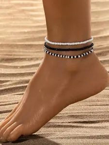 Women's Simple Style Black & White Color Beaded Anklet, Gifts for Her, Casual Trendy Boho Style Anklet, Fashionable Body Jewelry for Women, Streetwear Jewelry