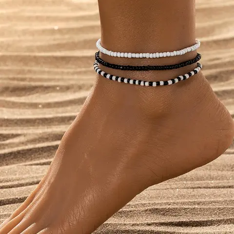 Women's Simple Style Black & White Color Beaded Anklet, Gifts for Her, Casual Trendy Boho Style Anklet, Fashionable Body Jewelry for Women, Streetwear Jewelry