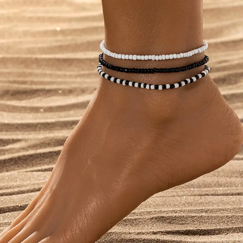 Women's Simple Style Black & White Color Beaded Anklet, Gifts for Her, Casual Trendy Boho Style Anklet, Fashionable Body Jewelry for Women, Streetwear Jewelry
