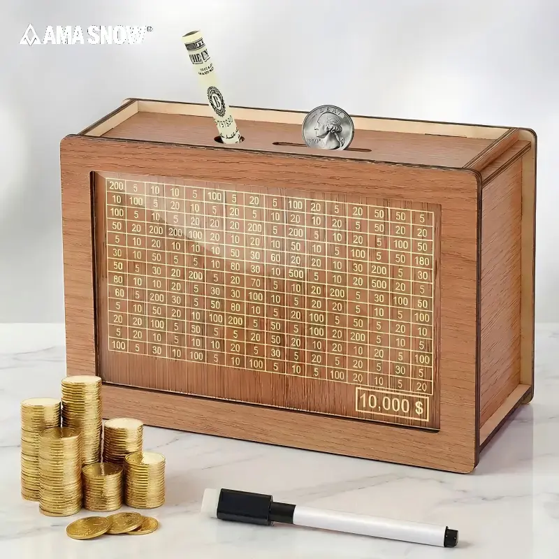 Ama Wood Durable Savings Challenge Box - Kids' Home Decor Piggy Bank, Reusable $10,000 Money Saver with Progress Tracker, Secure Cash Storage & Educational Gift