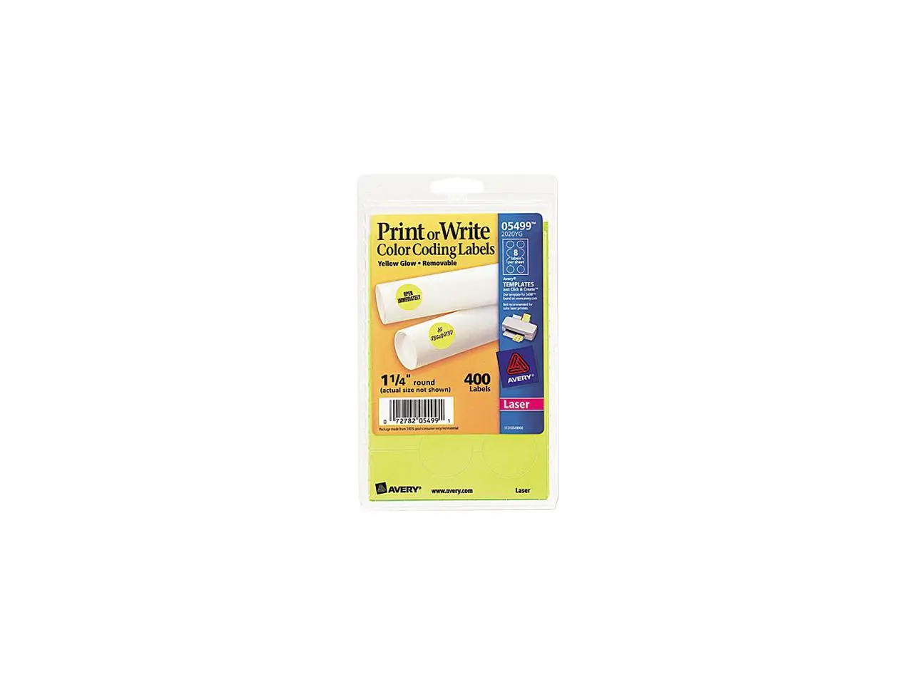 Avery 05499 Print or Write Removable Color-Coding Labels, 1-1/4in dia, Neon Yellow, 400/Pack