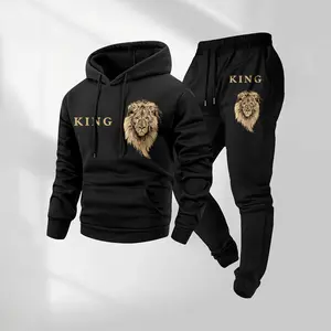 Men's Lion King Print Hoodie & Drawstring Sweatpants Set with Pockets Casual Sportswear Long Sleeve Hooded Jacket & Jogger Pants Fall Winter Sportswear Streetwear Tracksuit for Indoor & Outdoor Activities Everyday Wear