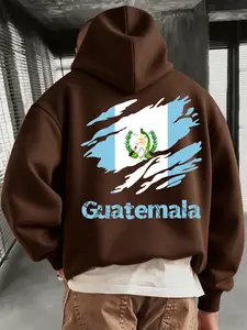 1PCS casual hooded sweatshirt, kangaroo pocket, suitable for daily wear and outdoor sports, autumn and winter style, fleece-lined trendy hoodie, with Guatemala national flag print design on the front and back, Graphic sweatshirts