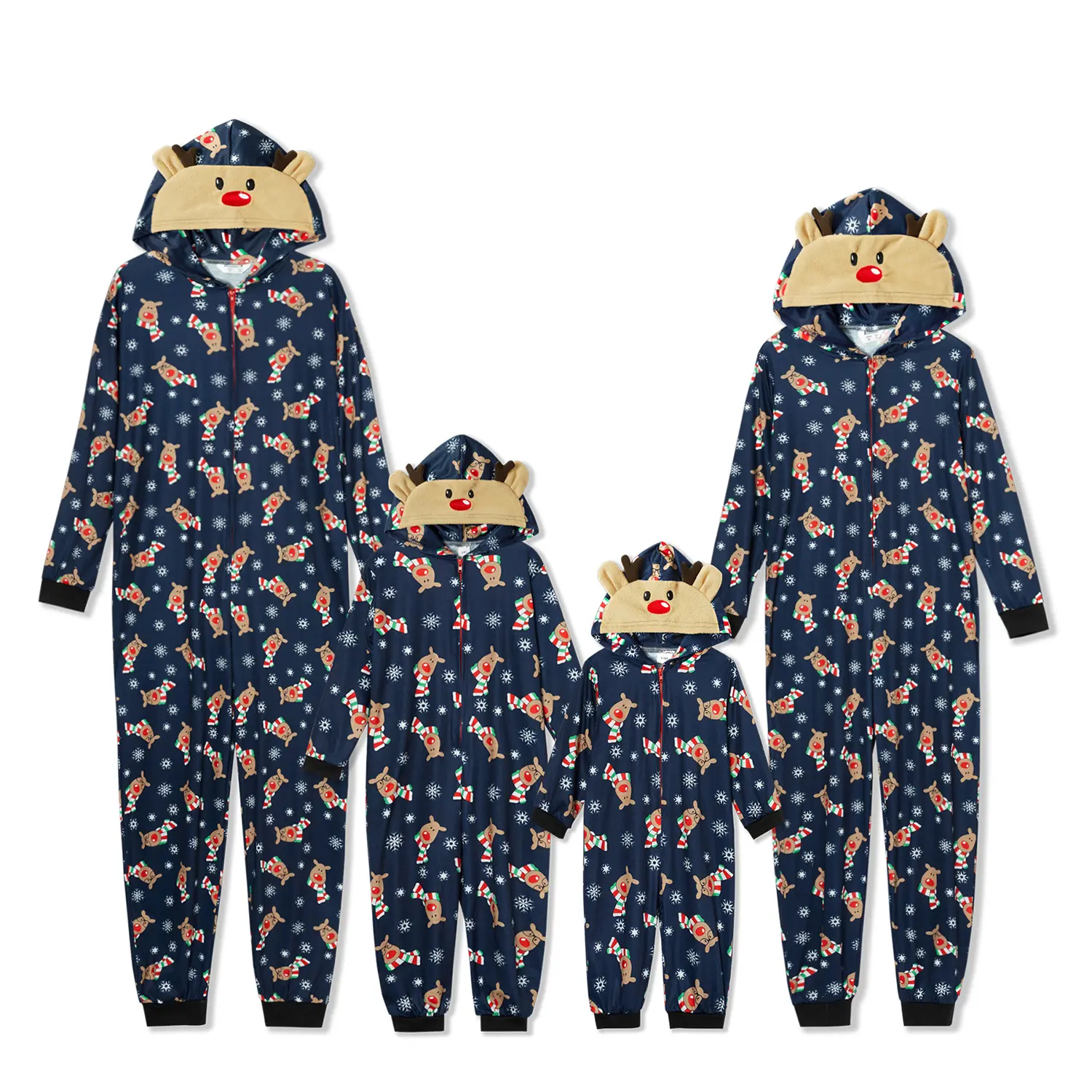 Family Matching Christmas Deer Hooded 1-Piece Sleepwear, Casual Blue Gray Holiday Lounge Outfits