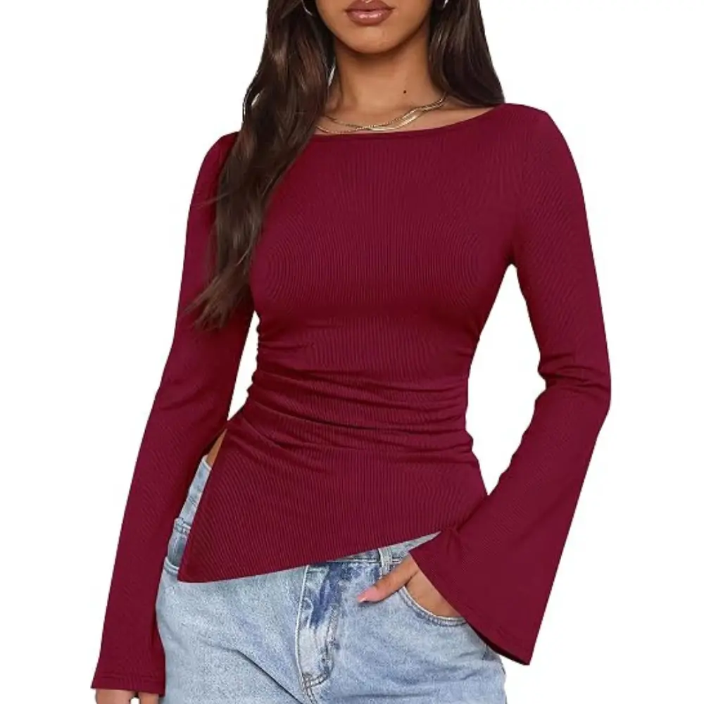 PRETTYGARDEN Women's Bell Long Sleeve Shirts  Fall Boat Neck Ruched Asymmetrical Going Out Tops Ribbed Y2K Clothes