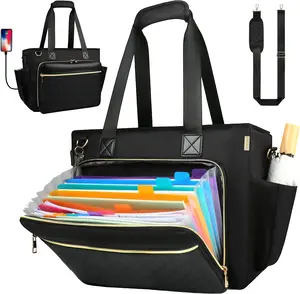 Teacher Tote Bag with Colourful Accordion File Organizer Pocket, USB Port& 15.6 Inch Laptop Compartment, Large Work Bag with Insulated Pocket for School Teacher Essential Nurse Women (Black)