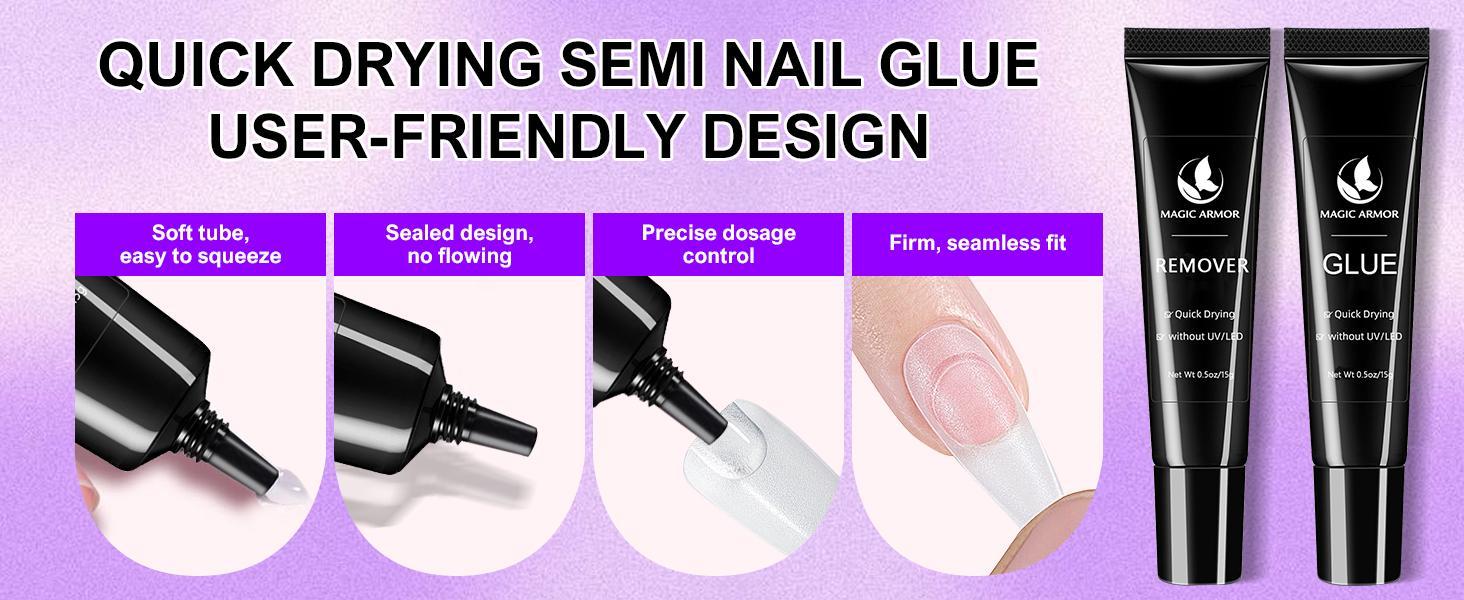 Nail glue with glue remover kit, super strong nail glue 15g for acrylic nails press on nails, 15g glue to remove false nails, strong glue remover, nail polish manicure