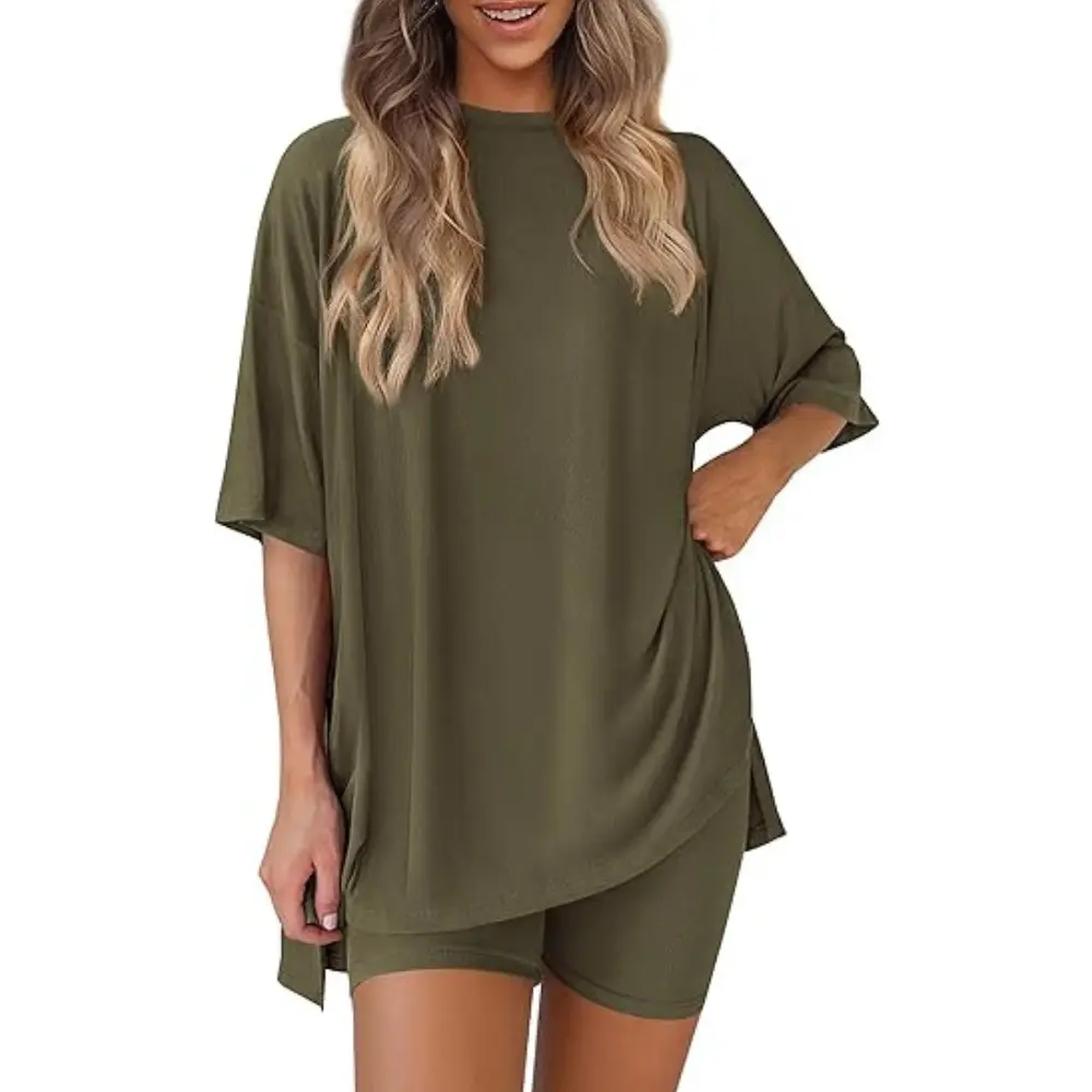 PRETTYGARDEN Women 2 Piece Lounge Set Summer Casual Oversized Shirts Biker Shorts Matching Airport Travel Outfit Clothes