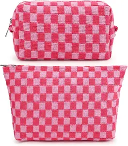 SOIDRAM 2 Pieces Makeup Bag Large Checkered Cosmetic Bag Capacity Canvas Mix Travel Toiletry Bag Organizer Cute Makeup Brushes Aesthetic Accessories Storage Bag for Women, Checkered Mix Rose Red