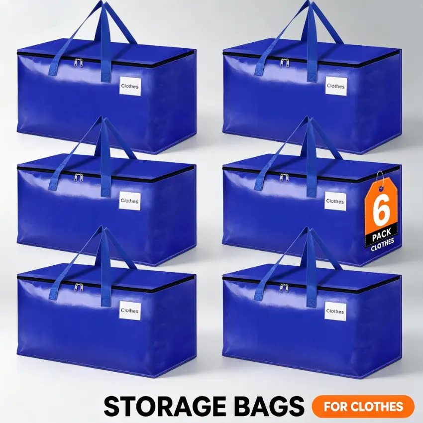 6-Pack of Extra-Large, Heavy-Duty Moving Bags—Waterproof storage bags with handles and zippers, foldable, ideal for college dorms and home storage,homeessentials