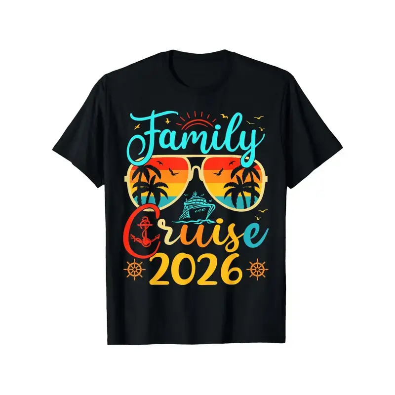 Menswear Men's 2026 Cruise Theme Graphic Print Cotton Crew Neck Short-Sleeve T-Shirt - Soft, Light Stretch, Easy Wash, Do Not Bleach, Do Not Soak for a Long Time, for Summer Vacation, Casual Wear