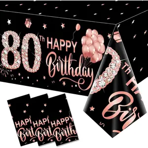 3 Pack Rose Gold 80th Birthday Tablecloth Decorations Happy Eighty Birthday Theme Table Cover Party Supplies Plastic Disposable Rectangular Table Cloth Decor