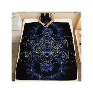 Enchanting Black & Blue Sacred Geometry Metatron's Cube Plush Blanket with Intricate Blue Floral Motifs