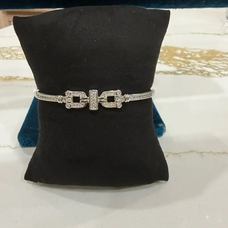 Women's Channel Set Open Cuff Bangle Bracelet - Elegant Stainless Steel with Diamond Shape, Rhinestone Accents for Female Wedding, Casual Wear (Bling Effect)