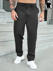 Plus Size Solid Button Pocket Suit Pants, Regular Fit Casual Comfy Trousers for Work Office Business Daily Wear, Casual Fashion Trousers, Men's Plus Size Bottoms for All Seasons, Casual Fitted Trousers, Casual Fitted Pockets
