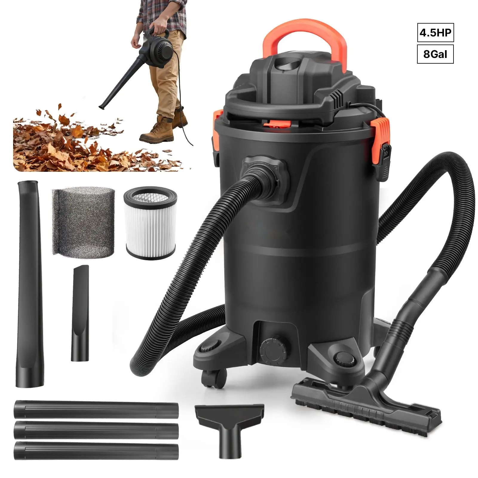3-In-1 11-Gallon Wet-Dry Shop Vac With Blower, 4.5 Peak HP Portable Vacuum Cleaner, Dual-Filter System, 1350W Input Power, 1.25-Inch By 7-Foot Hose, 9.8-Foot Cord, Ideal For Jobsite, Workshop, Garage And Home Use
