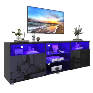 71 inch LED TV Stand for 75/80 inch TV, High Gloss TV Cabinet with Adjustable Storage Shelves, Modern LED Entertainment Center, TV Table Media Furniture for Living Room, Black