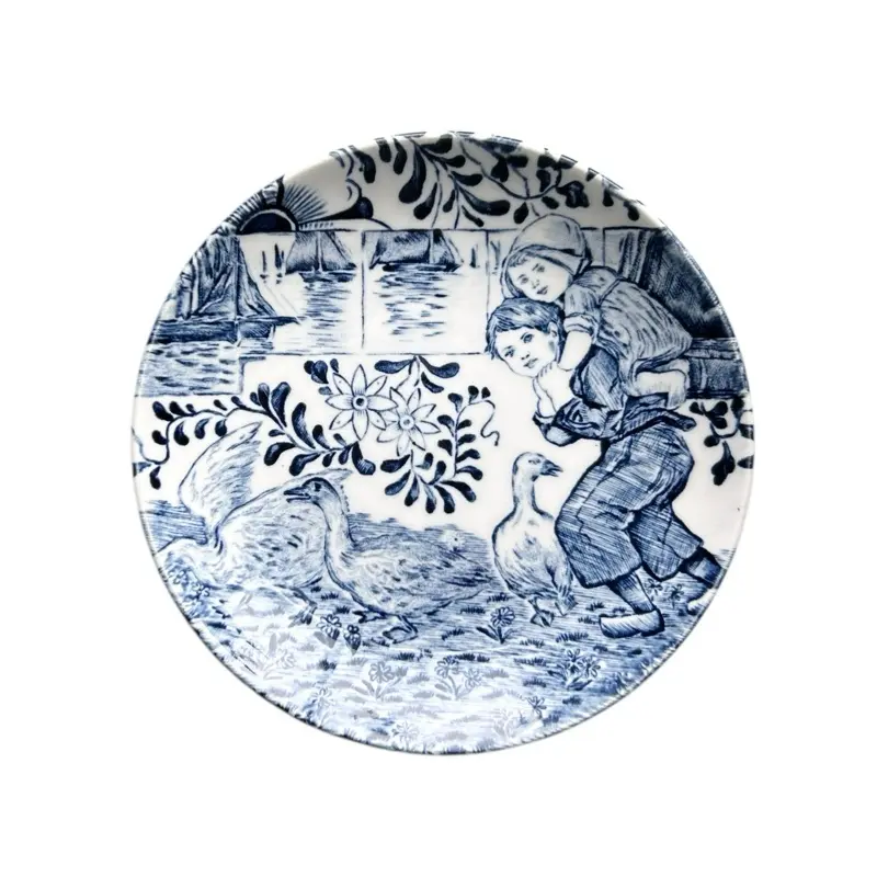 Vintage White and Blue Delft Boch Children with Geese Decorative Plate