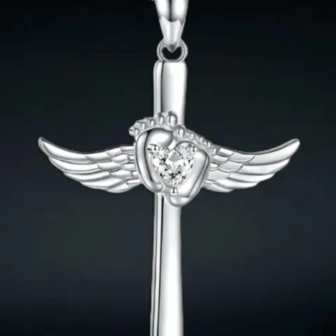 Angel Wings & Baby Footprint Design Pendant Necklace, Cross Necklace, Religious Jewelry, Faith Necklace, Elegant Women's Stackable Necklace, Birthday Anniversary Gift, Exquisite Jewelry Gift