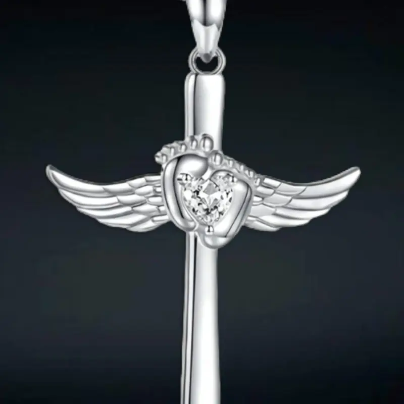 Angel Wings & Baby Footprint Design Pendant Necklace, Cross Necklace, Religious Jewelry, Faith Necklace, Elegant Women's Stackable Necklace, Birthday Anniversary Gift, Exquisite Jewelry Gift