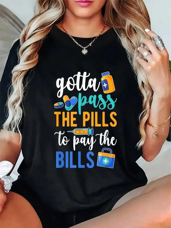 Unisex 100% Cotton Shortsleeve T-Shirt with Planet Prints - Medication Aide Gotta Pass The Pills Design (Suitable for Pairing with Bottoms)