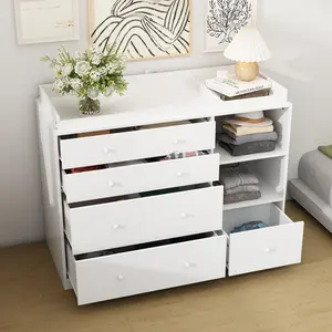 Modern 5-Drawer Dresser with Open Shelves, White Chest of Drawers with Knobs, Stylish Storage Cabinet for Bedroom & Living Room Furniture Organization Organizer Minimal