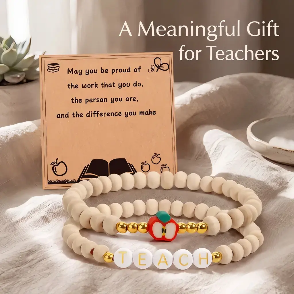 Best Teacher Gifts 2026, Back to School Gifts for Teachers, Cute Wooden Bead Bracelet with Apple Charm and Thank You Card, Inspirational Teacher Appreciation Gift for Female Teachers
