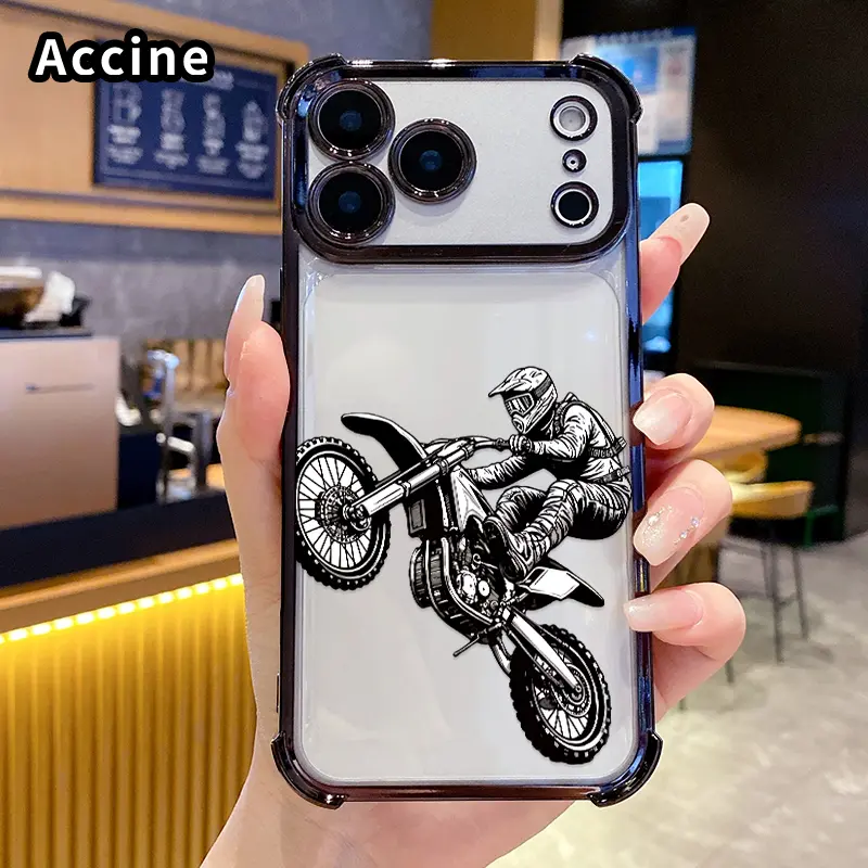 Compatible with iPhone 17 16 Pro Max 15 Plus 14 13 12 11 E Air Phone Case Dirt Bike Pattern Transparent Full Coverage Four Corners Anti-drop Casing