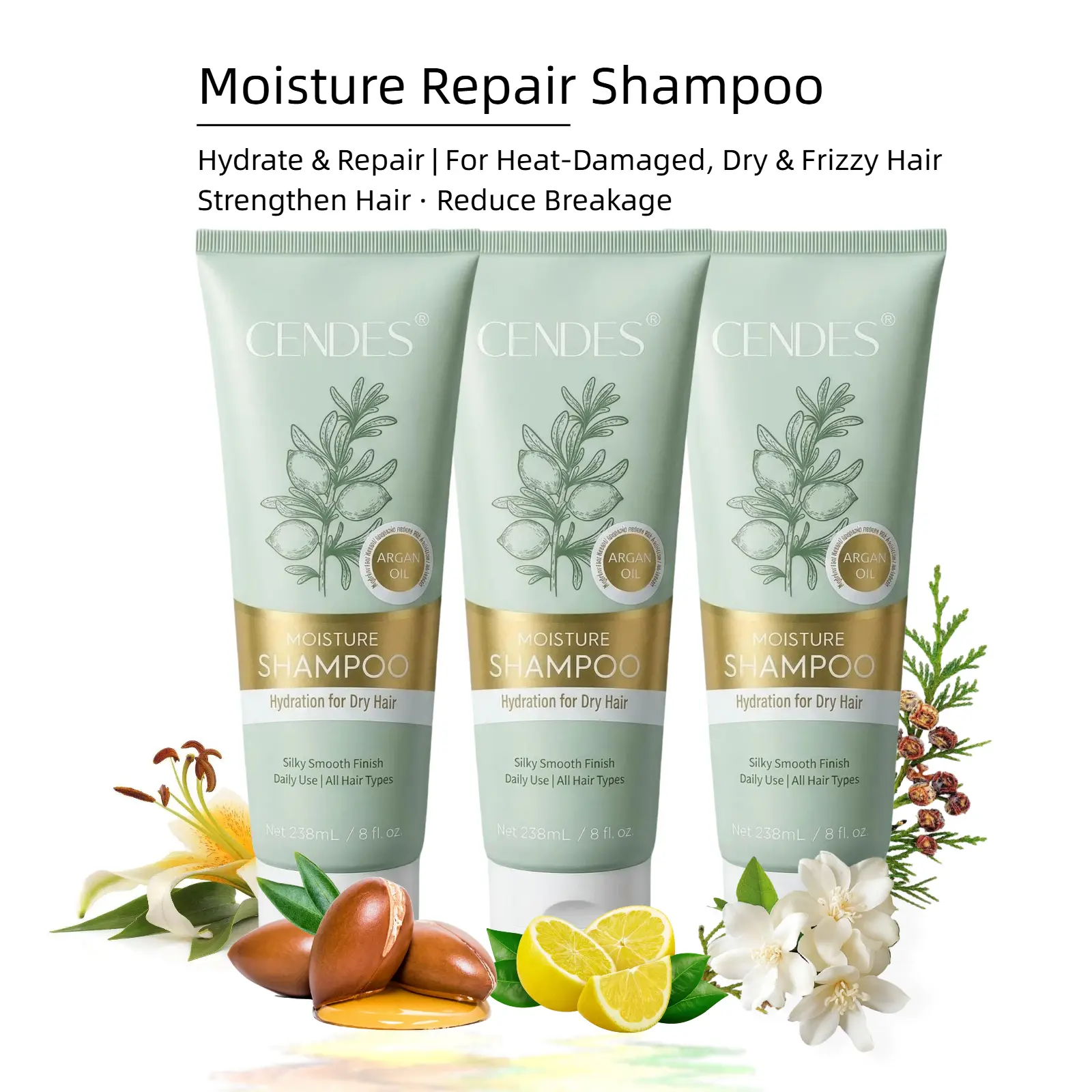 CENDES Organic Moroccan Argan Oil Moisture Repair Haircare Shampoo - Gentle Hydrating Cleanser & Moisturizer for Heat-Styling Damage, Dry Frizzy Hair, Strengthens, Reduces Breakage, Plant-Powered, 8fl.oz., Liquid