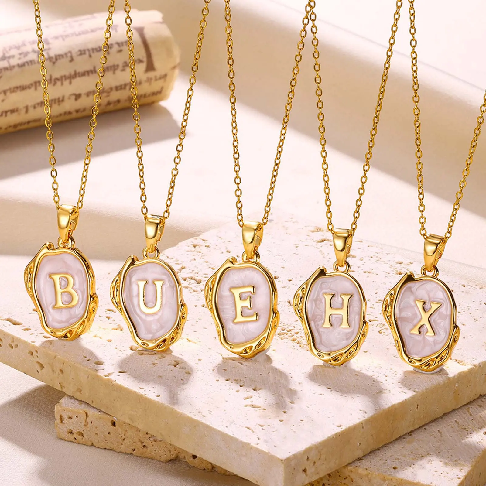 Women's Personalized Modern Punk Style Pink Oil Drop Artificial Gemstone Necklace, 26 English Letters Golden Frame, 17.71in Daily Wear Jewelry