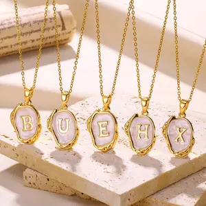 Pink oil drop golden frame 26 English letters necklace 17.71in daily wear female jewelry