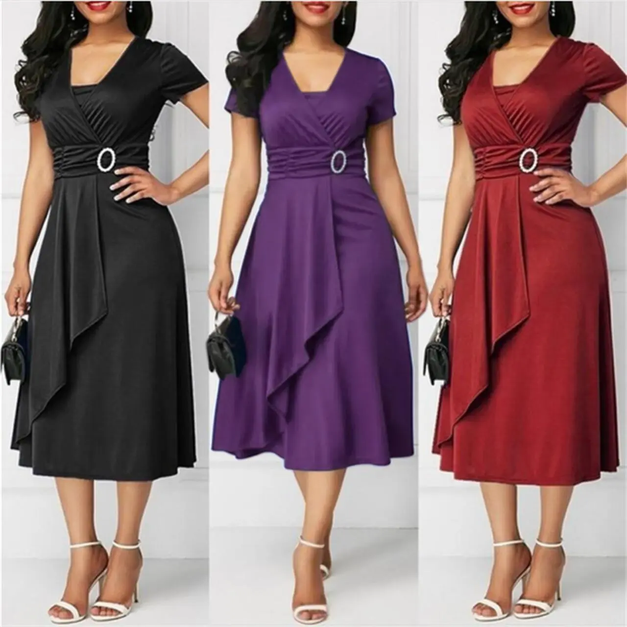 Women's High-Waist Polyester Short-Sleeve Large-Size Asymmetric Hem Sequin Evening Gown, 1-Piece Chic Mini Dress