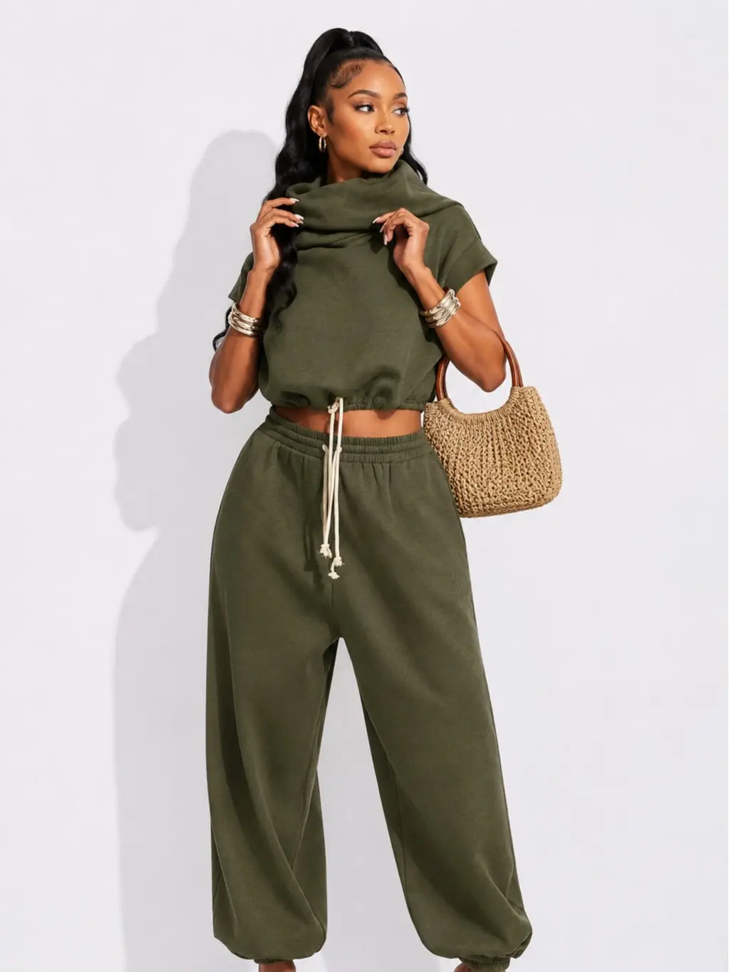 High Neck Hooded Terry Sweatshirt And Pants Set
