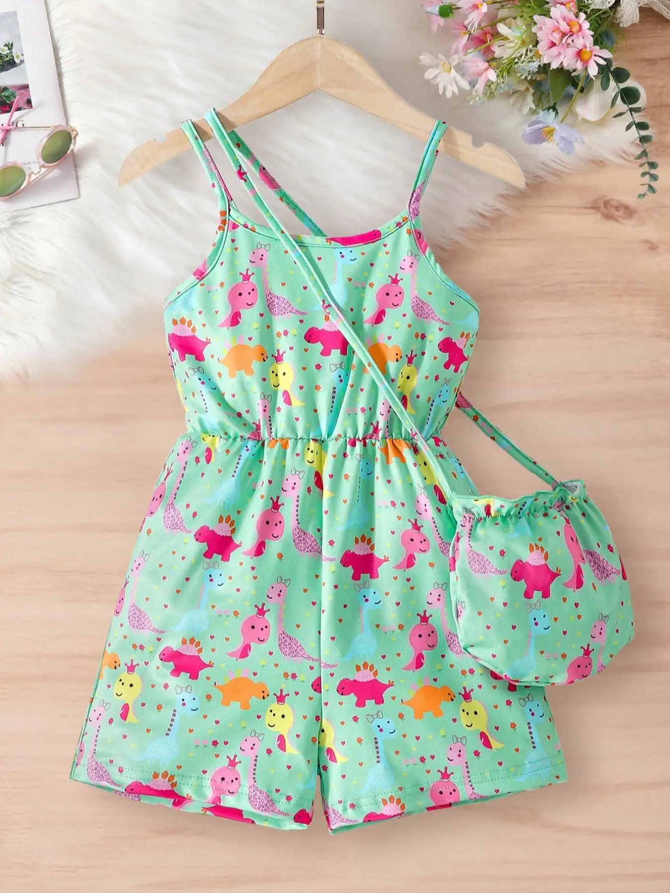 Girl's Cartoon Print Cami Romper & Bag Set, Casual Sleeveless Spaghetti Strap Jumpsuit Set for Summer, Kids Clothes for Daily Wear