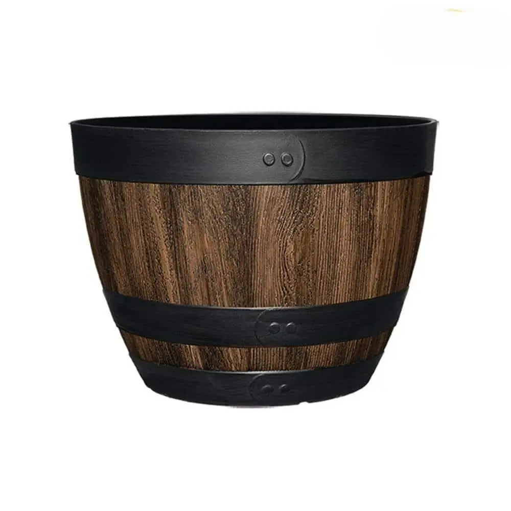 16 in. Reedley Large Kentucky Walnut Brown Resin Wine Barrel Planter (16 in. D x 11.5 in. H)