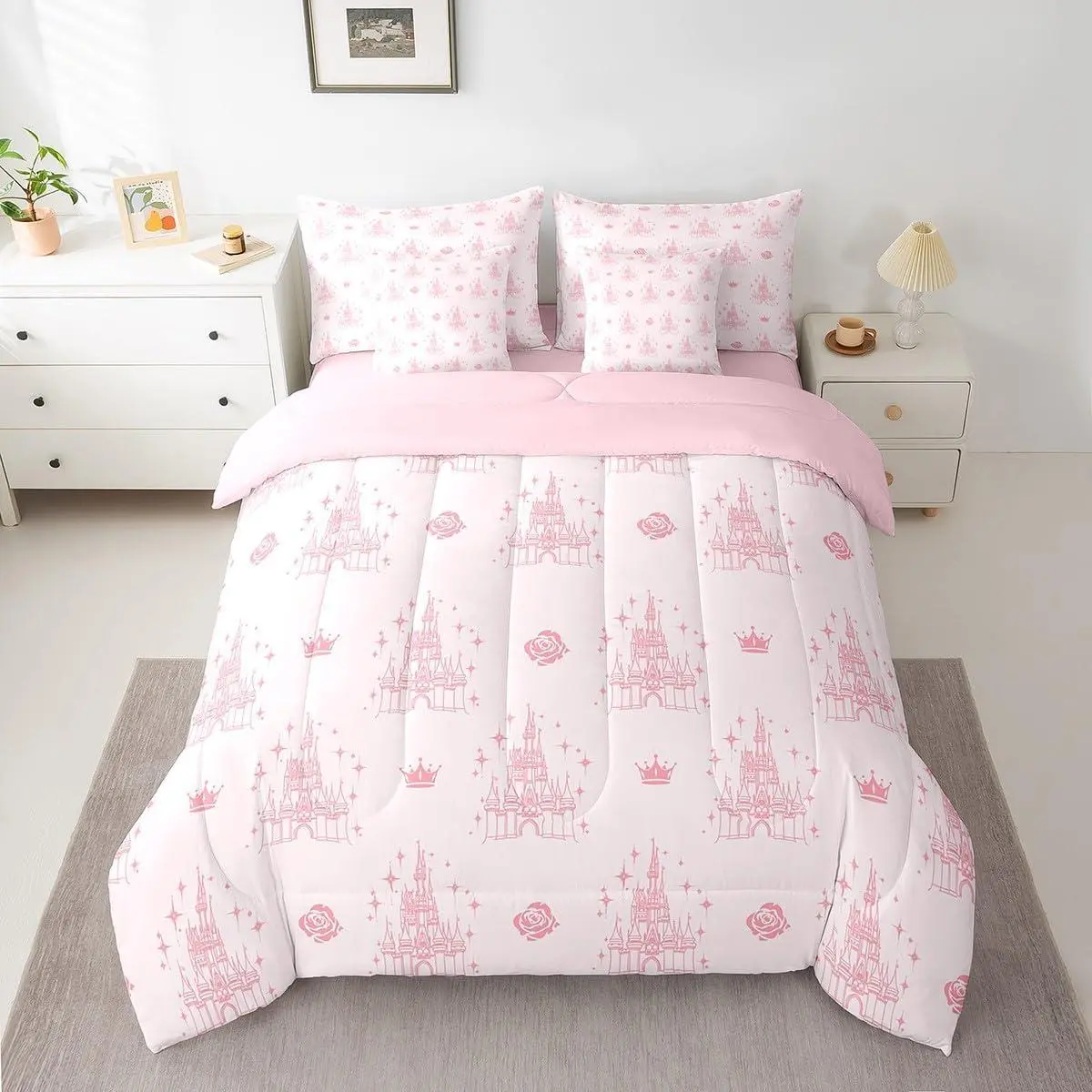 7 Pieces Dreamy Castle Comforter Set,Pink Floral Crown Print Bedding Set,Cute Magical Princess Bed in A Bag with Comforter,Sheets and Pillowcases,Kids Girls Room Decor,Soft