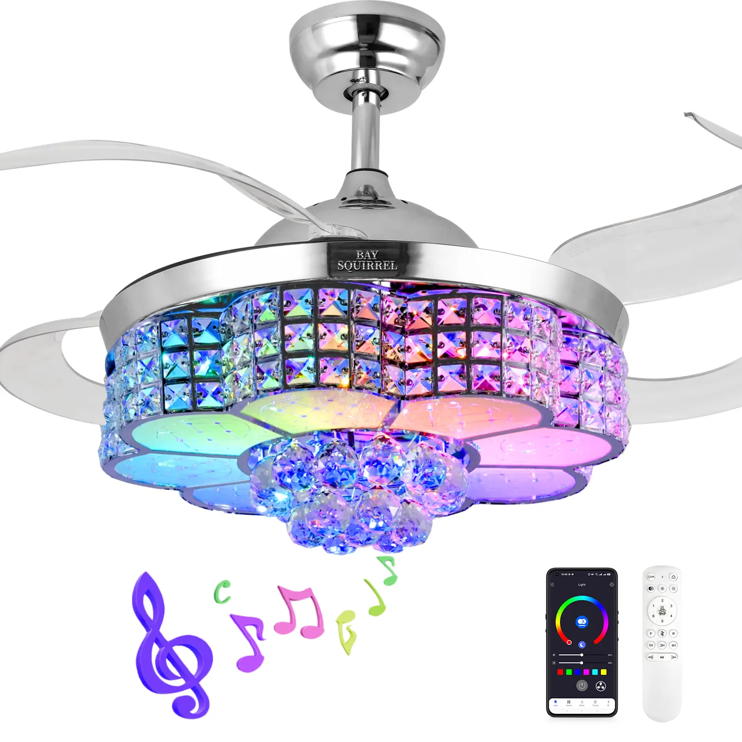 BAYSQUIRREL Retractable Crystal Ceiling Fan with Speaker, Remote/APP Control, 6-Speed Reversible RGB LED Lights, Adjustable LEDs, Color-Changing Nightlight, Colorful Lights for Home Decor Spaces (Bedroom, Living Room) Gift