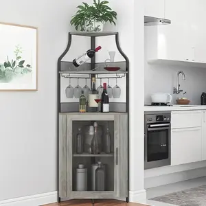 Garvee 5-Tier Industrial Corner Bar Cabinet – Adjustable Shelves, Removable Glass Rack, Glass & Mesh Doors, Built-in LED Light – Home Bar Storage Sideboard for Dining Room, Kitchen, Living Room – Grey or Rustic Brown – Maximize Corner Space in Style!