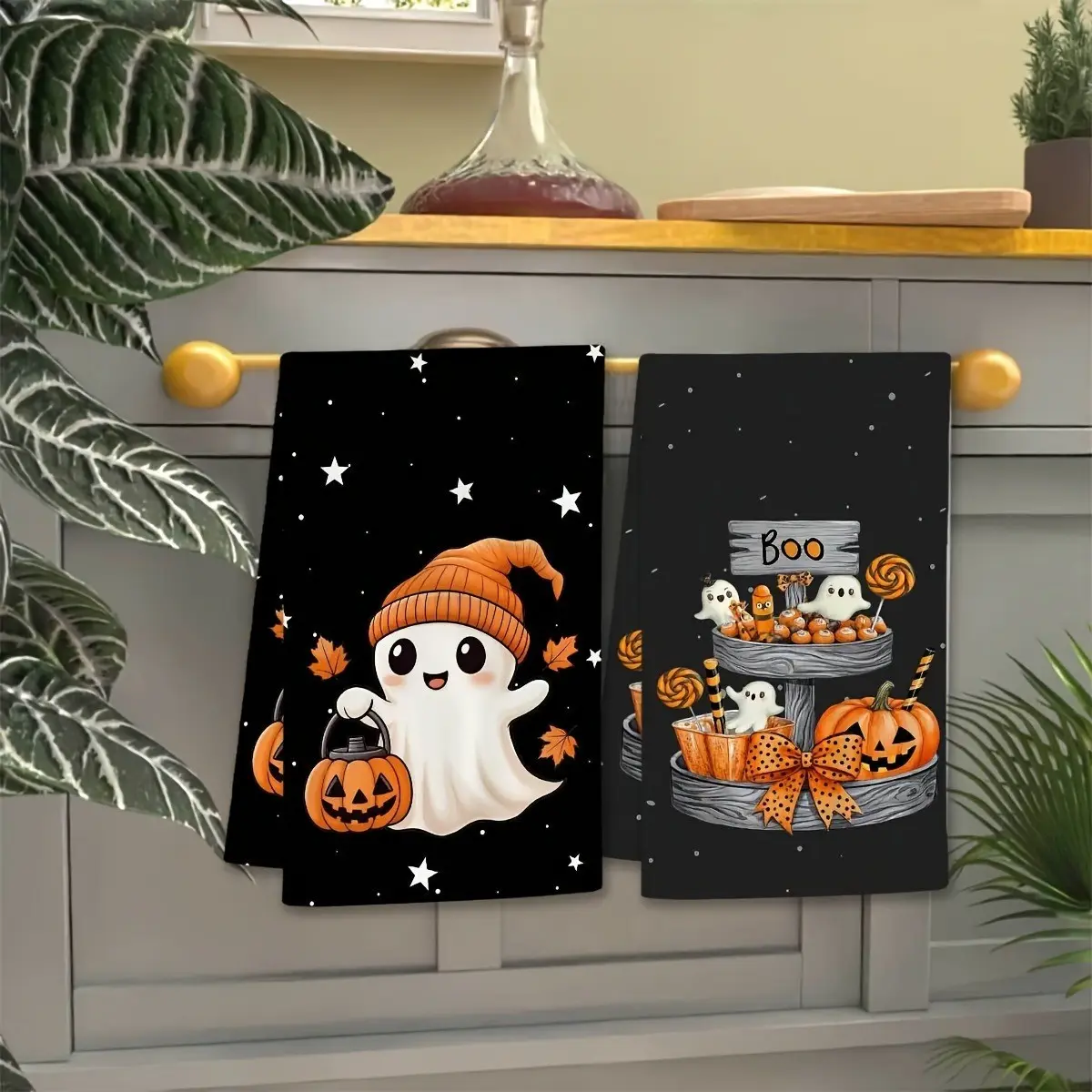 2pcs/set Halloween Kitchen Towels with Cute Ghosts, Pumpkins & Spooky Stars - Absorbent, Durable Polyester Microfiber Dishcloths & Tea Towels for Fall Decor, Baking, Drying Dishes - Hand Wash Only, Rectangular Hand Towels for Home