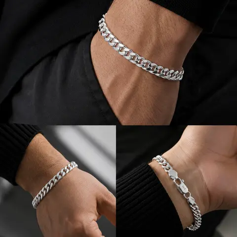 S925 Silver Miami Cuban Bracelet - 6mm Width, 8in (8 inches), Fashion, Reliable, Durable, Non-Tarnish, Non-Fade, Elegant Unisex Adult Jewelry for Daily Wear, Plain Sparkly Chain (Also for Anklets)