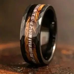 Burned whiskey barrel ring and antlers, wedding ring jewelry, suitable for men's daily wear, party and holiday gifts, birthdate stone moon decoration pendant set, ring, dog whistle necklace, herringbone waterproof sports function, comfortable sleep