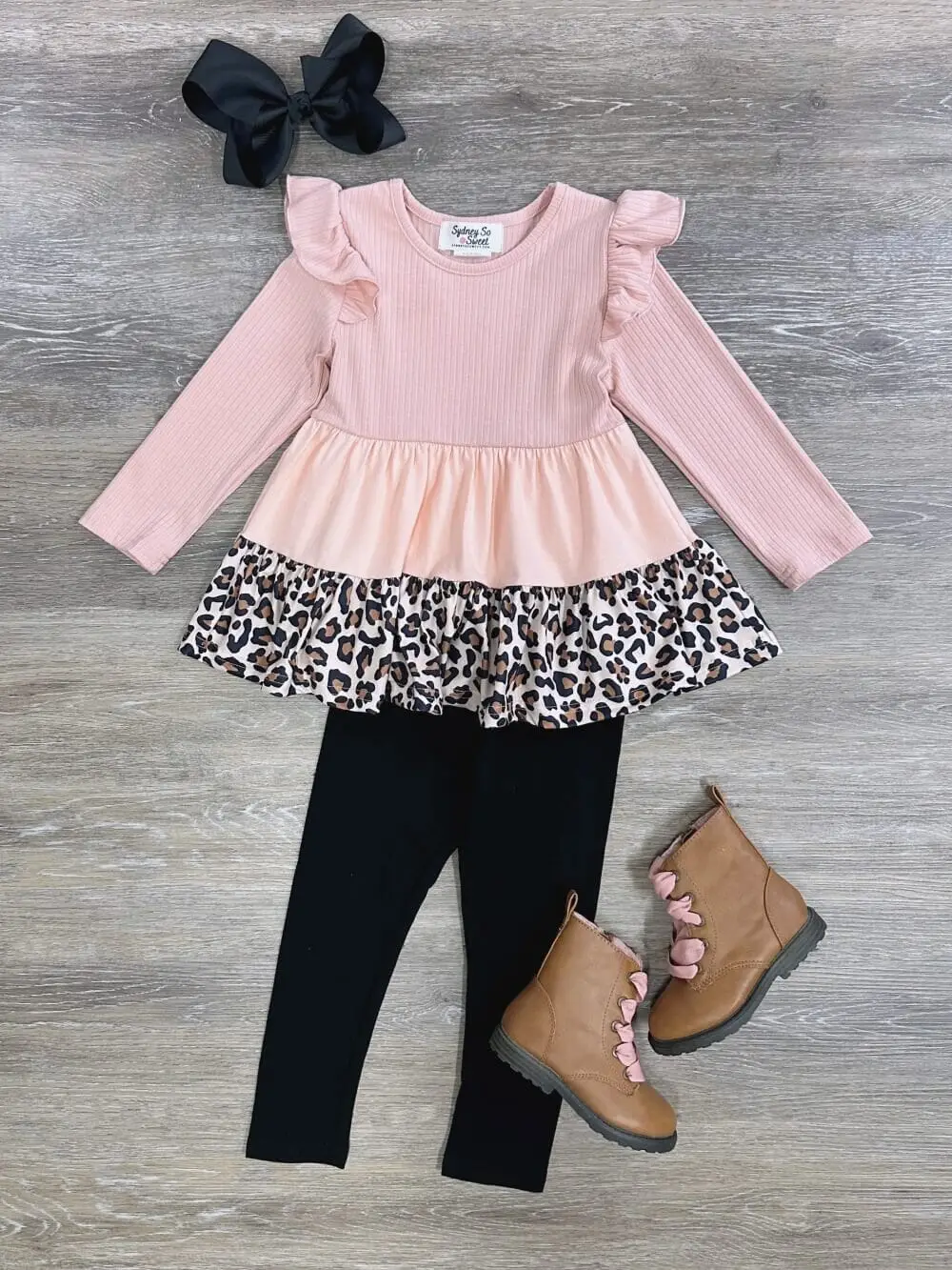 Girls or Toddler Peachy Pink & Cheetah Ribbed Knit Tunic Top Long Sleeve & Black Leggings Outfit Set