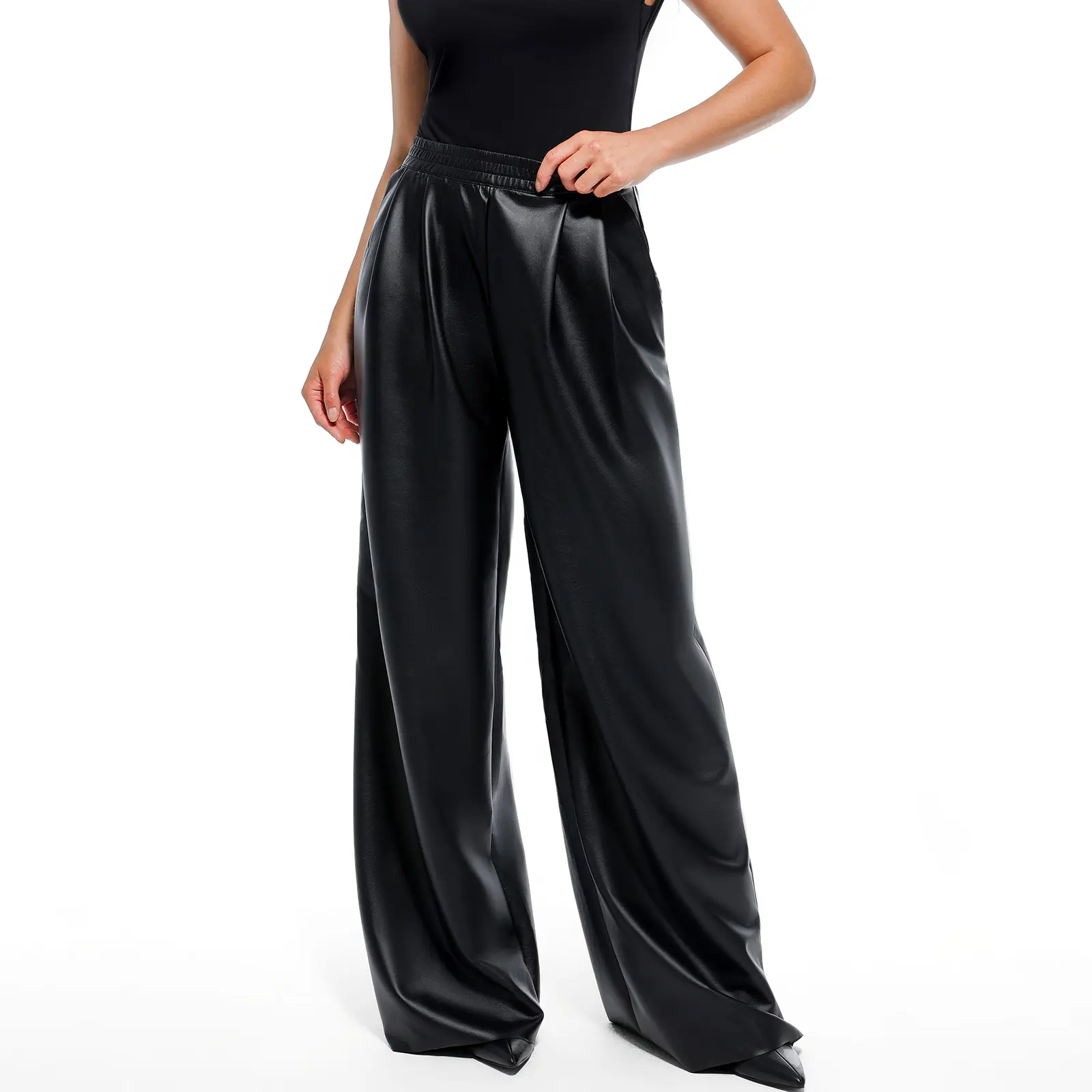 Popilush Faux Leather High Waisted Wide Leg Pants Cardigans Fabric