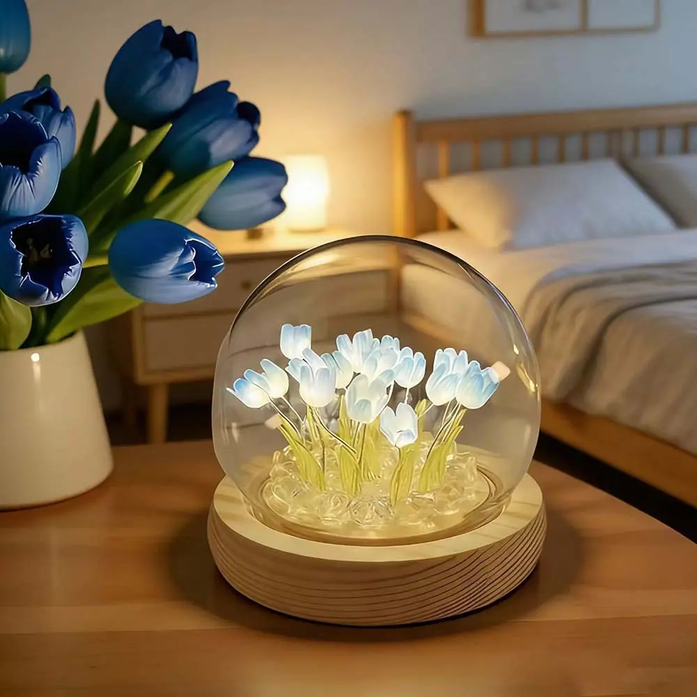 Blue Tulips Glass Dome Night Light - 20-Flower Mini Wood Base, Flicker-Free LED Ambient Lighting, Cottagecore Style, Gift Bag Included, Cute Indoor Desk Lamp for Reading Nook, Girlfriend Gift for Birthdays Anniversaries, Aesthetic Room Decor