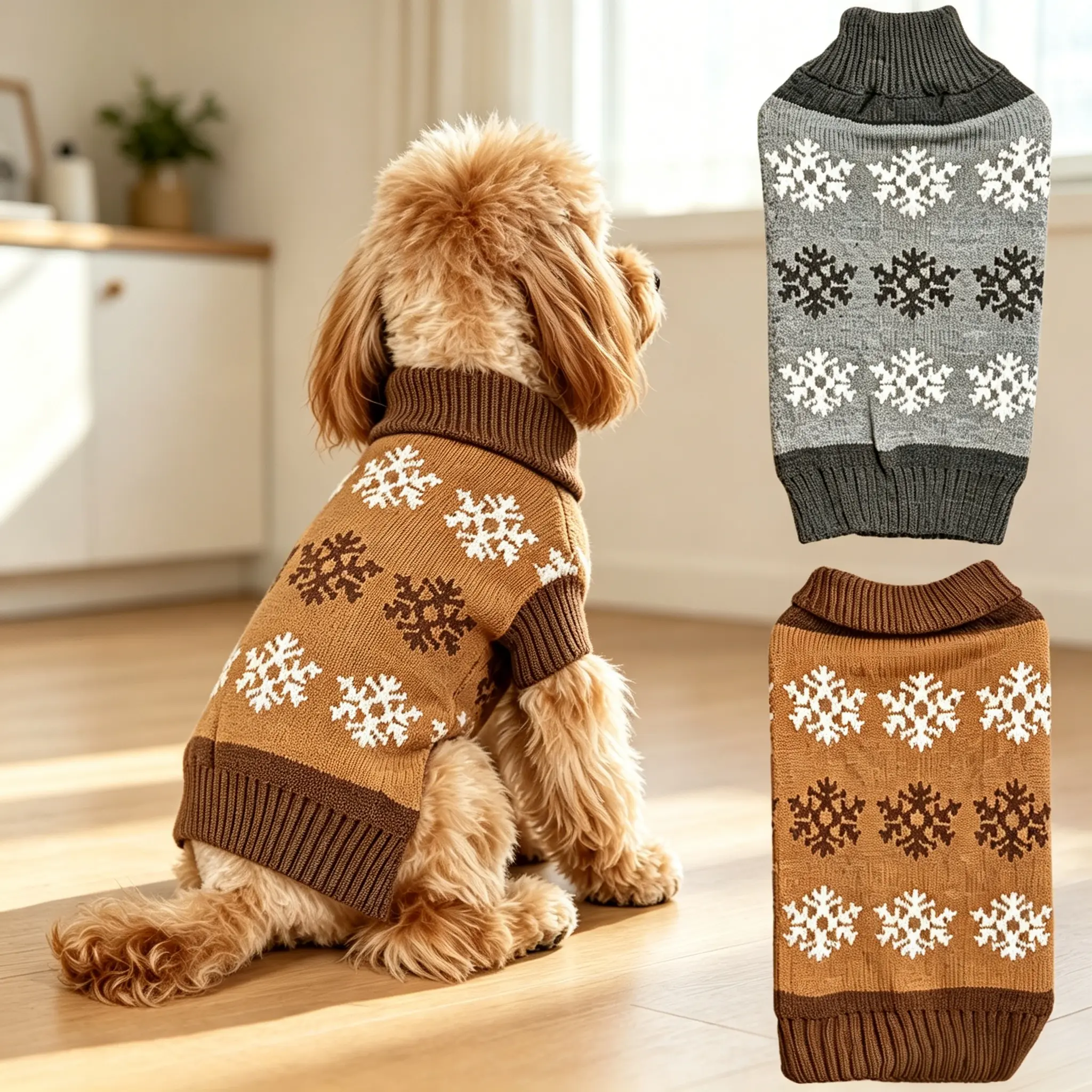 2-Pack Dog Christmas Sweater, Brown Classic Knit Turtleneck Pullover for Small Medium Large Dogs & Cats Puppies, Halloween Easter, New Year's Day Universal General Autumn Winter Snowflake Pet Sweater