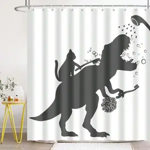 Black And White Dinosaur Cat Shower Curtain, Kitten Riding T-Rex Waterproof Polyester Bathroom Decor With Hooks